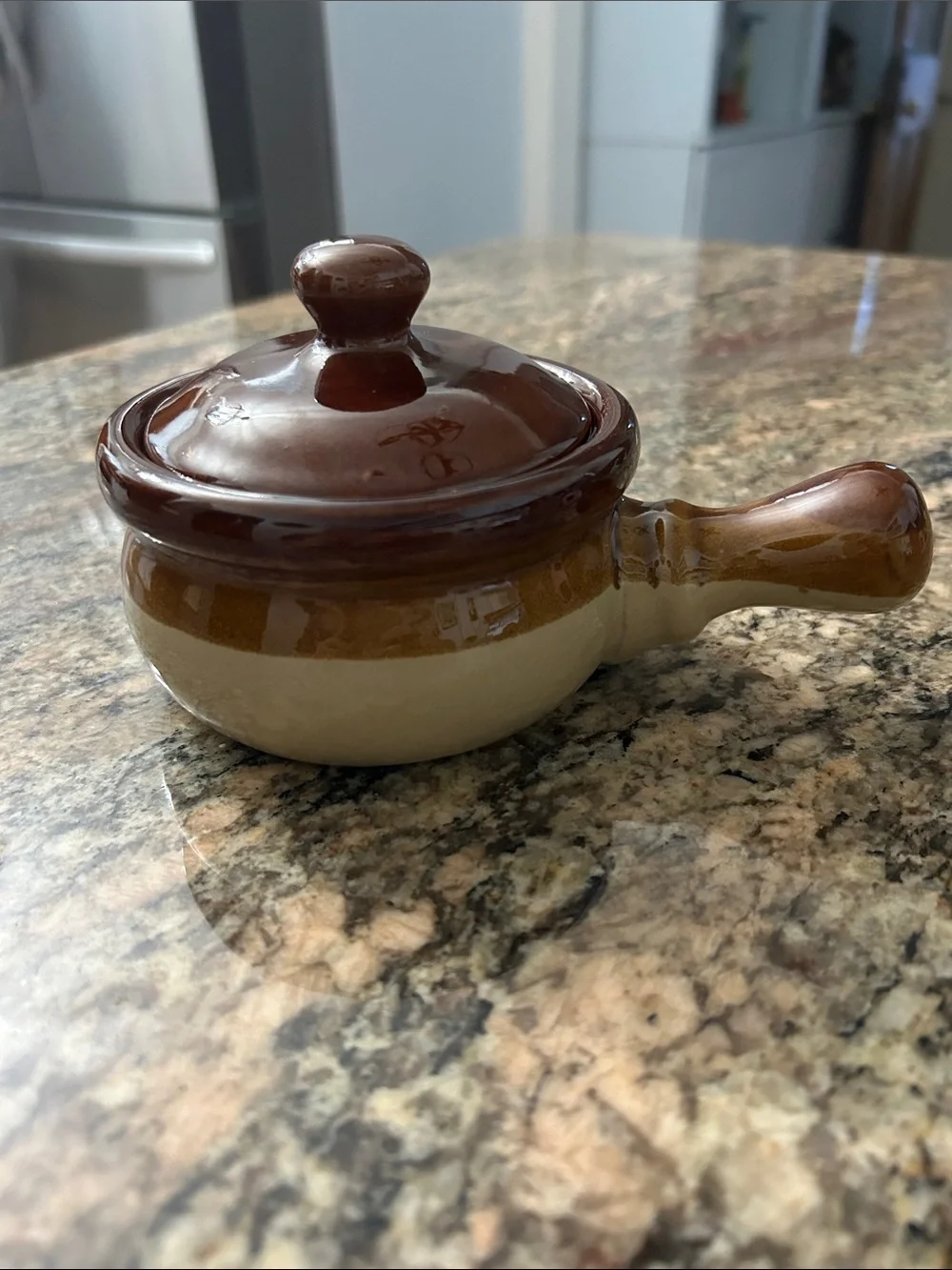 Stoneware Crock with Lid and Handle - Brown and Cream